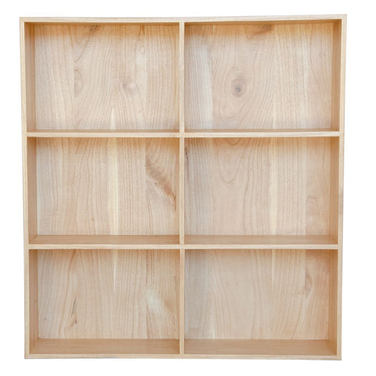 The Virgo Bookshelf Medium. 6 compartments of storage in a 3 x 2 configuration. Constructed from solid white cedar. Colour Natural. Measures 1280 Height x 1200 Wide x 350 Depth. Front Plain.