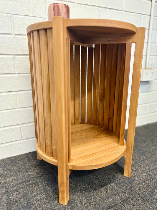 Whitney Side Table made from natural sustainable teak with open slatted base. Ochoco Side Table Perth. Angle.
