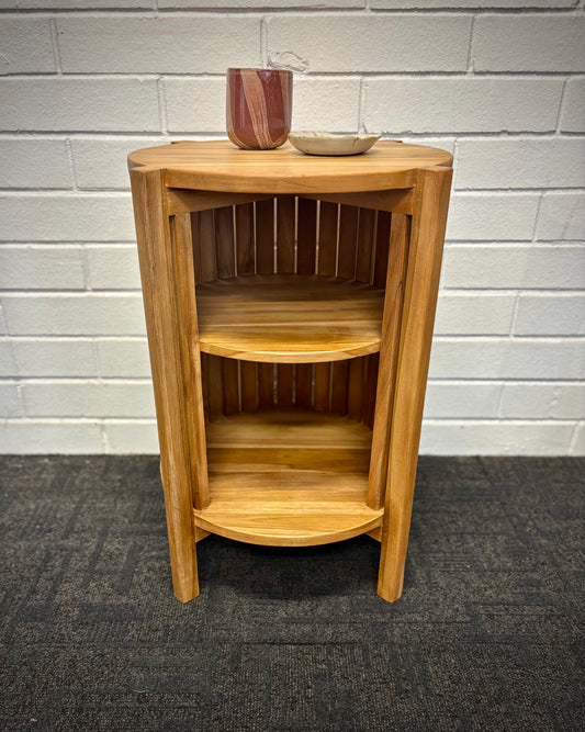 Whitney Side Table made from natural sustainable teak with open slatted base. Ochoco Side Table Perth. Front.