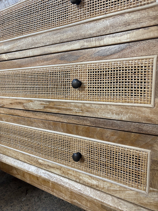 The Yosemite 3 Drawer chest features a solid white cedar frame and drawers. Open mesh rattan drawer face with drawers on wooden runners. stylish turned legs. Measures 850W x 450D x 750H. Close.