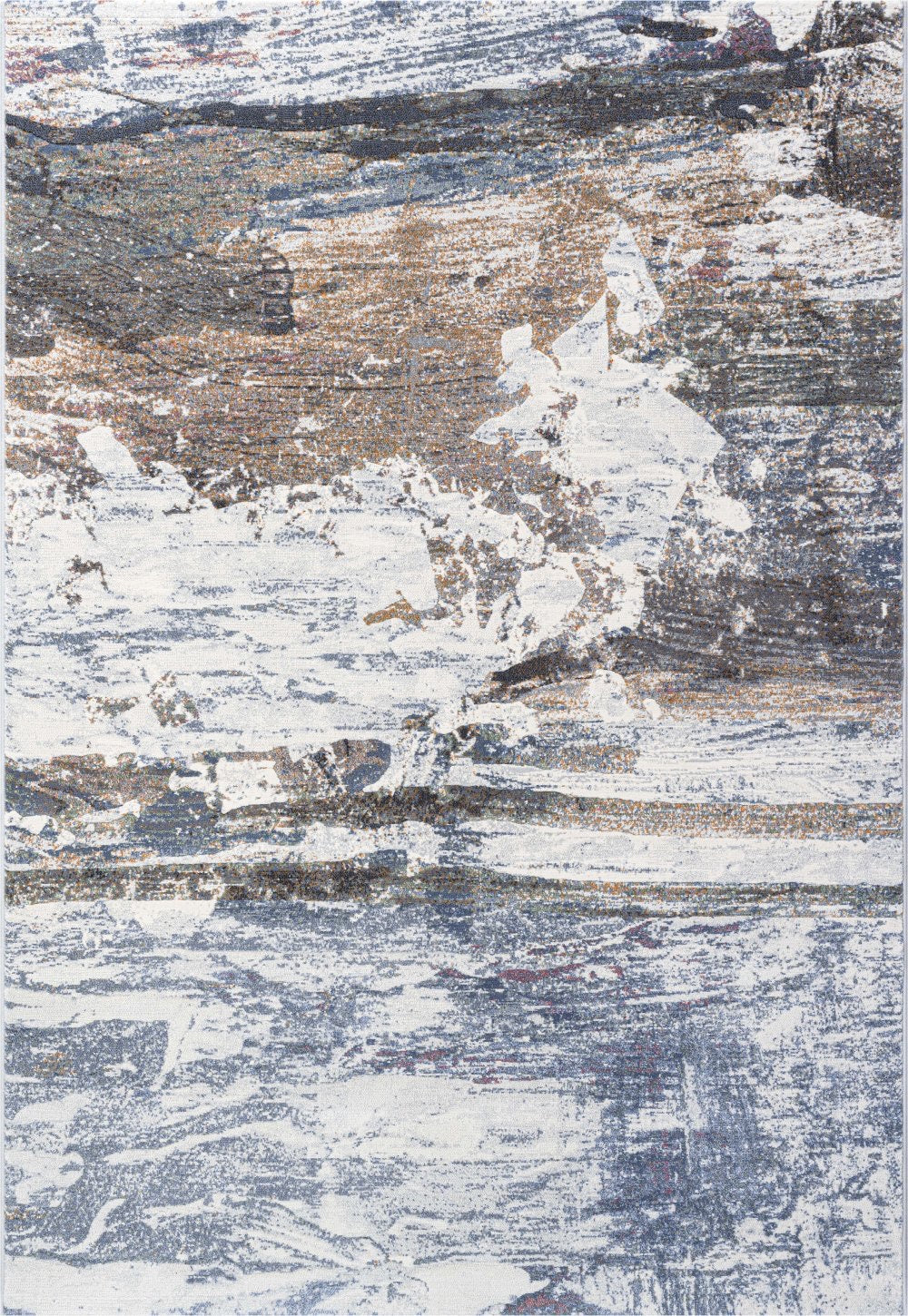 The Zenith Terrain rug. This rug is skilfully crafted from heat-set polypropylene, showcasing a stylish contemporary design. Colours, whites, blues beiges, dark greys. Full.
