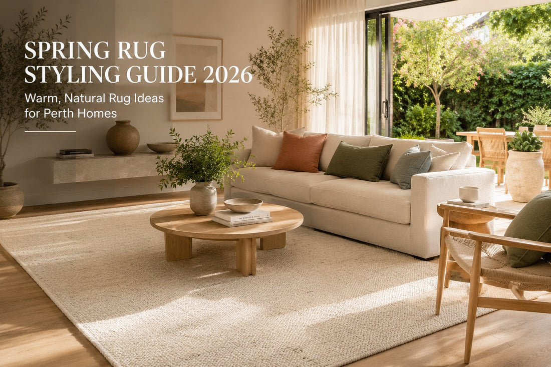 A hand woven wool flatweave rug styled in a modern Perth home living room, set for Spring.