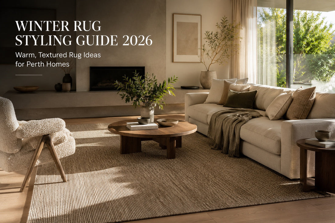 A hand woven wool rug styled for winter in a moder Perth home living room setting.
