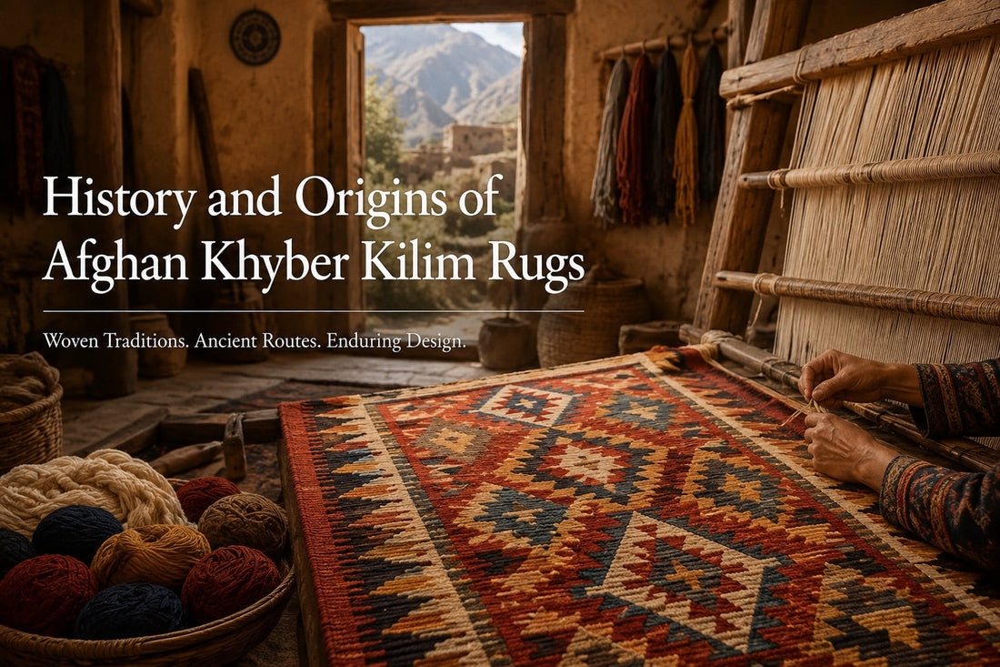 A Afghan Khyber Kilim rug show in the construction phase in the Khyber pass region.
