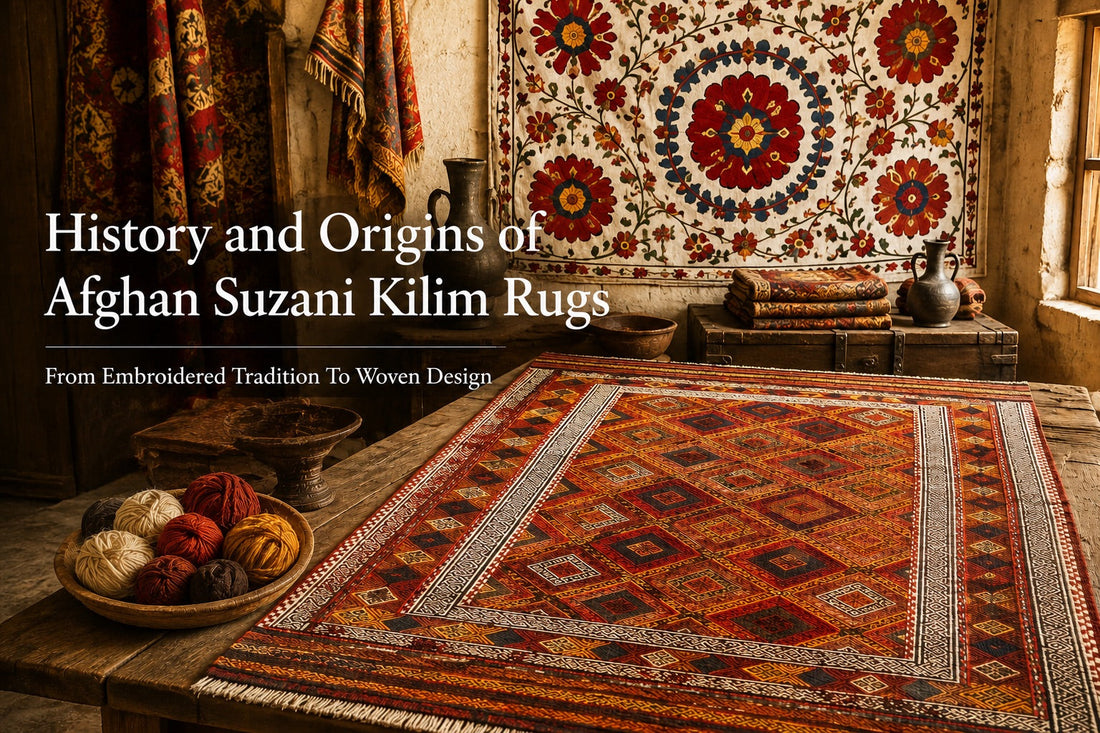 A hand woven Suzani kilim rug displayed on the floor.