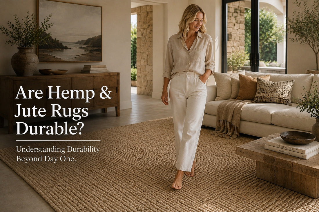A woman walking on a Hemp rug styled in a modern Perth home living room setting.