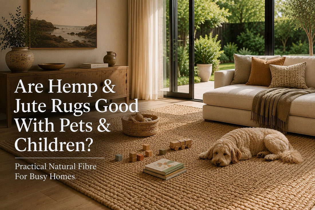 A hand woven hemp rug in a living room with childrens toys and the dog laying on the rug.