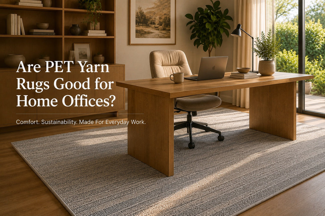 A hand woven PET Yarn flatweave rug styled in a Perth home office setting.