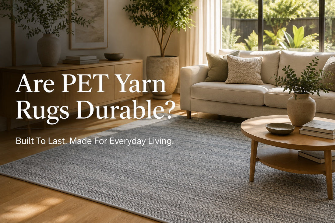 A PET Yarn Hand Woven Rug styled in a modern Perth home living room setting.