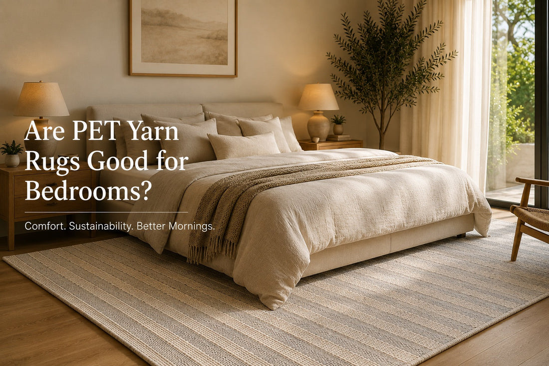 A hand woven PET Yarn flatweave rug styled in a Perth home bedroom setting.
