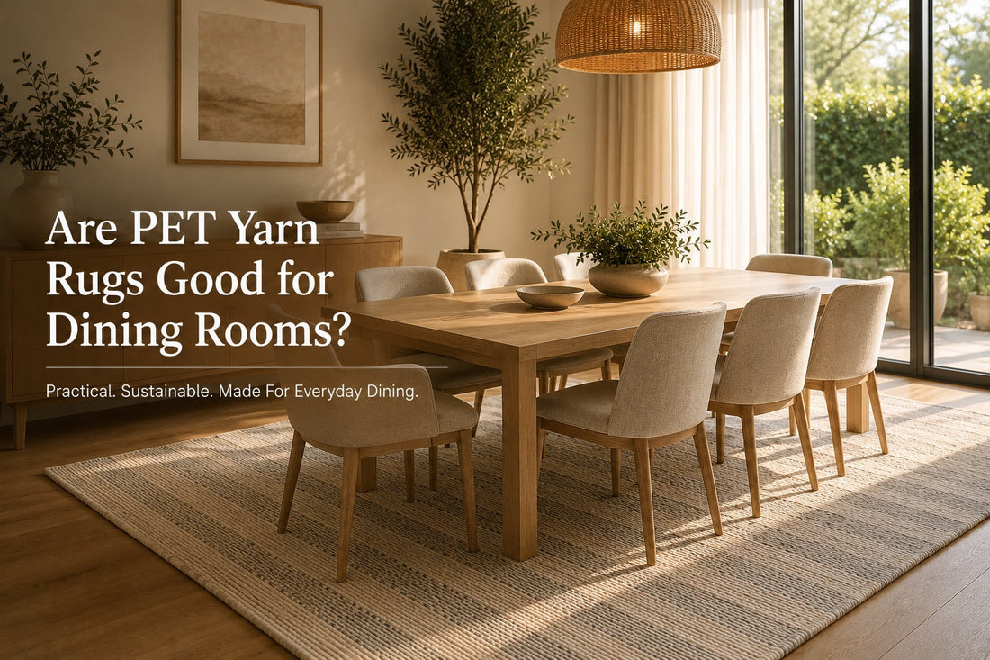A hand woven PET Yarn flatweave rug styled in a modern Perth home dining room setting.