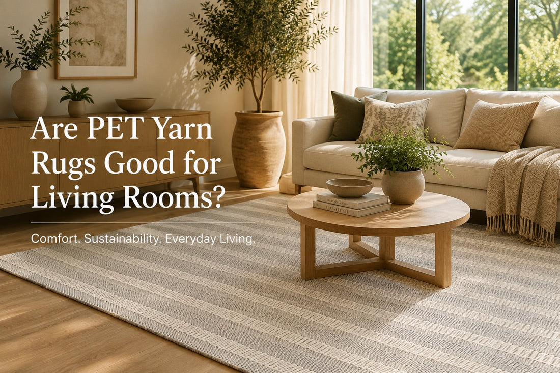 A hand woven flatweave PET Yarn rug styled in a modern Perth home living room.
