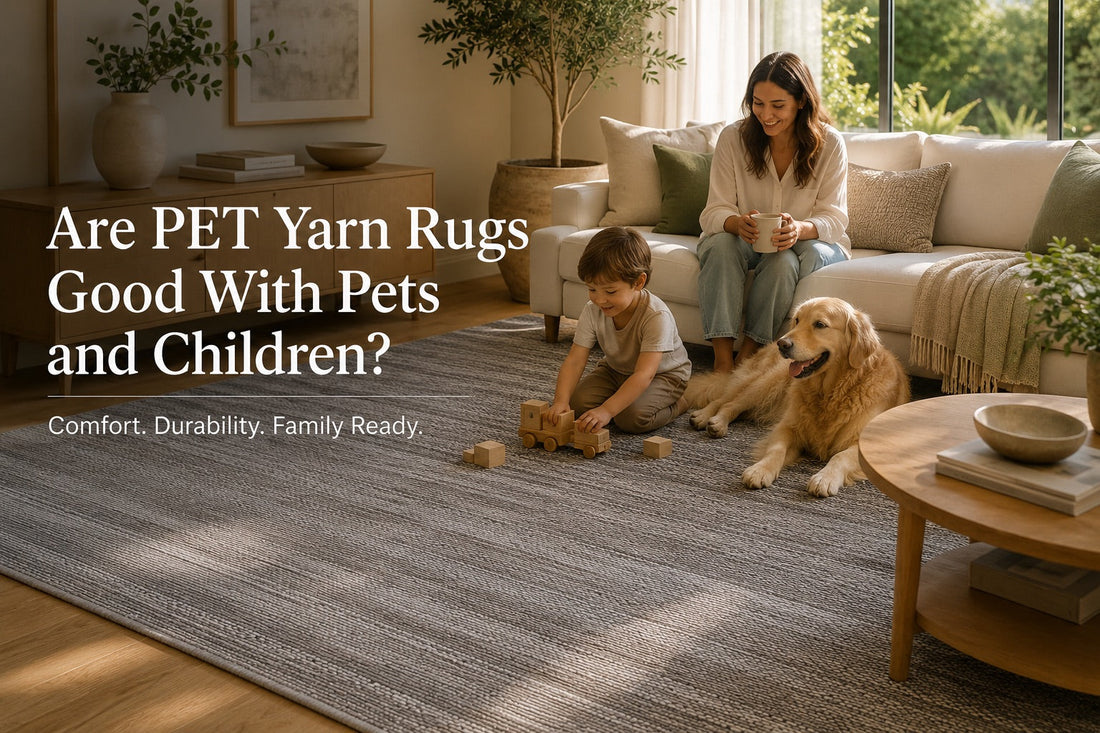 A PET Yarn Hand woven rug styled in a modern Perth home living room setting with mom, son and dog featured on the rug.