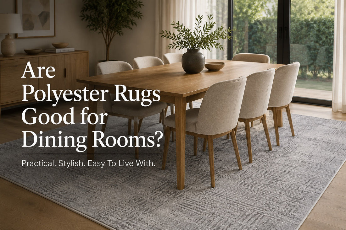 A Polyester Machine Made Modern rug styled in a Perth home dining room setting.