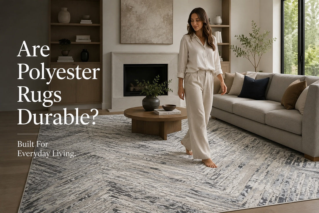 A woman walking on a polyester machine made rug styled in a modern Perth home living room.