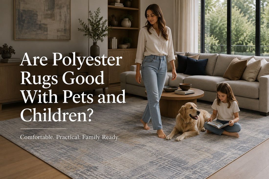 Mom, Daughter and Dog on a polyester machine made rug in a modern Perth home living room setting.