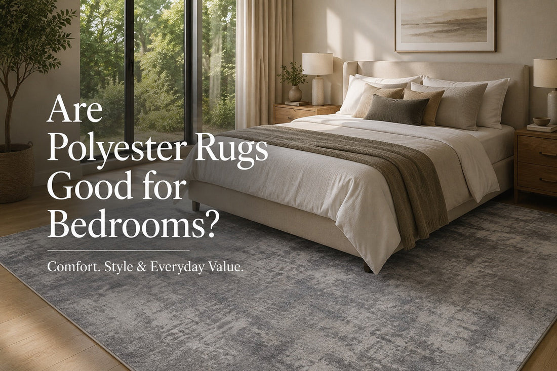 A polyester machine made rug styled in a modern Perth home bedroom setting.