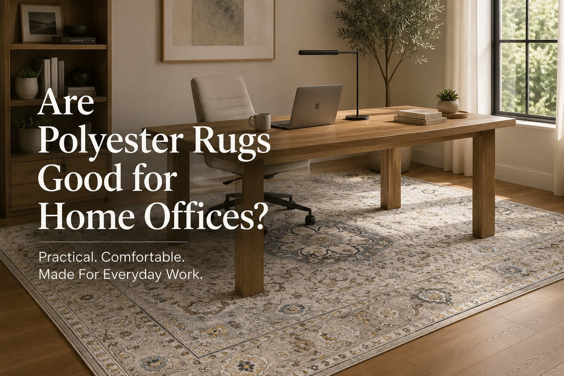 A polyester traditional designed rug styled in a Perth home office setting.