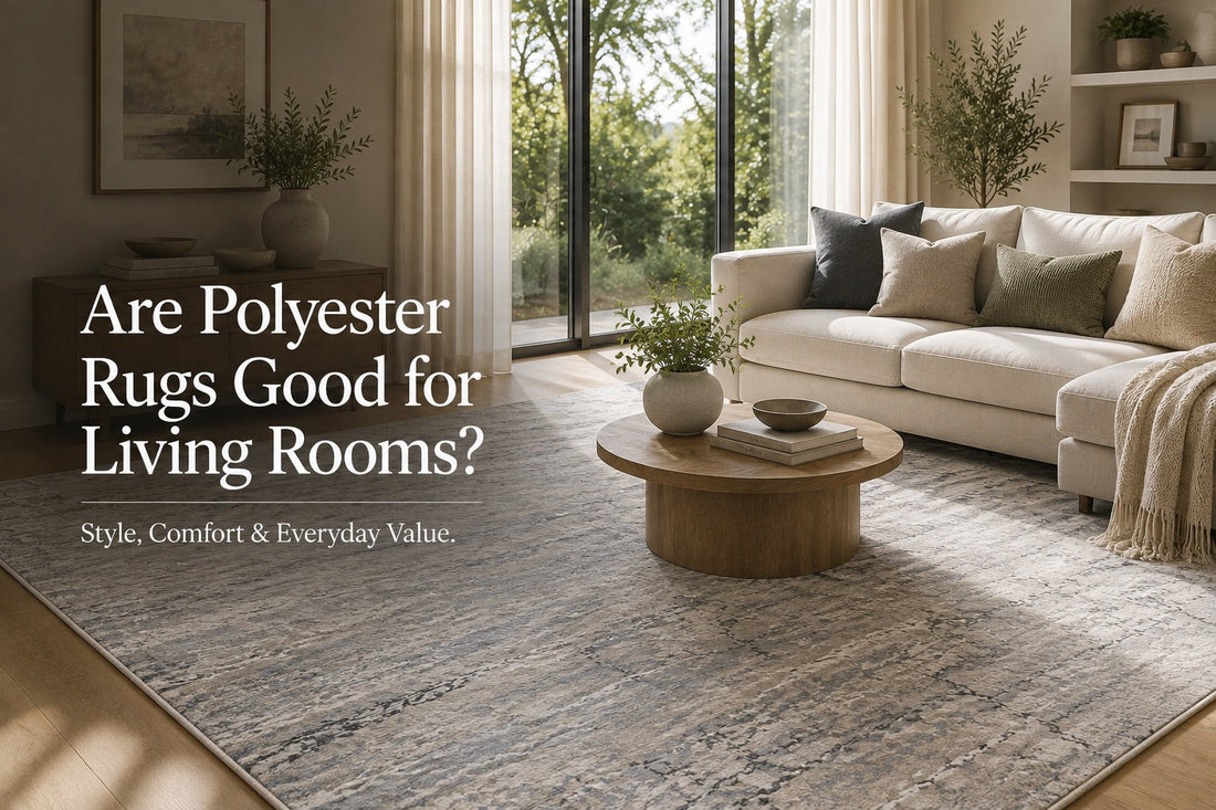 A polyester machine made rug styled in a modern Perth home living room setting.