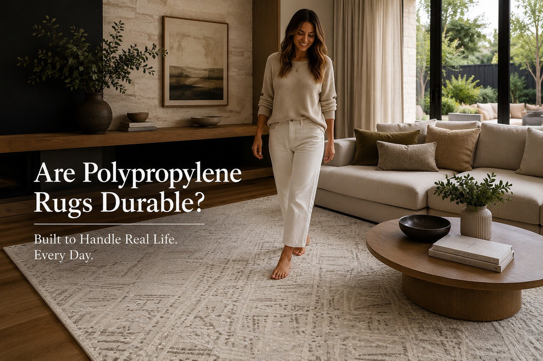 A woman walking on a polypropylene machine made rug in a modern Perth home living room setting.