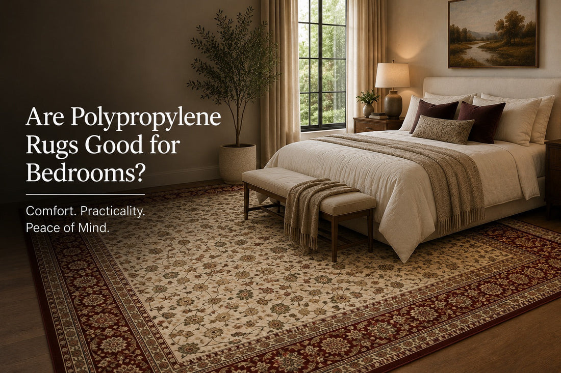 A Traditional Heat-Set Polypropylene machine made rug styled in a modern Perth home bedroom setting.