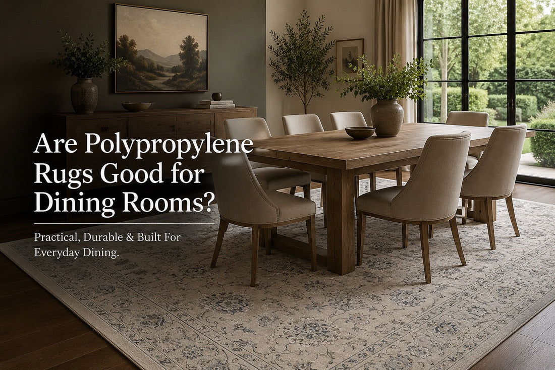 A traditional Heat-Set Polypropylene rug styled in a modern Perth home dining room setting.