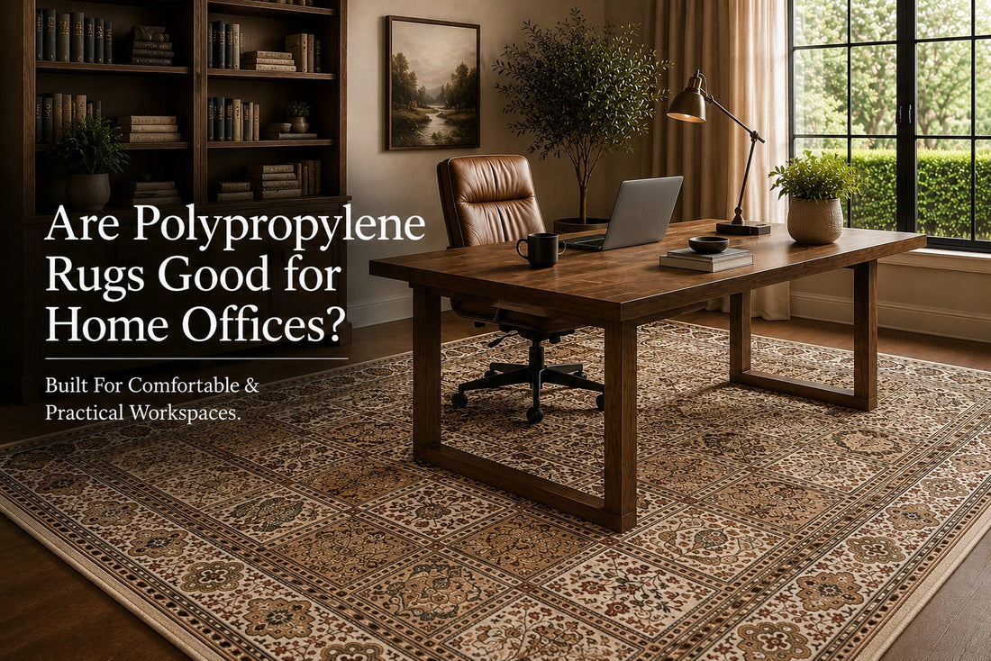A Heat-Set Polypropylene Traditional design rug styled in a modern Perth home office setting.