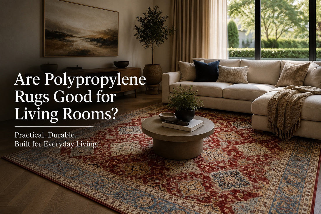A Heat-Set Polypropylene Rug styled in a modern Perth home living room setting.