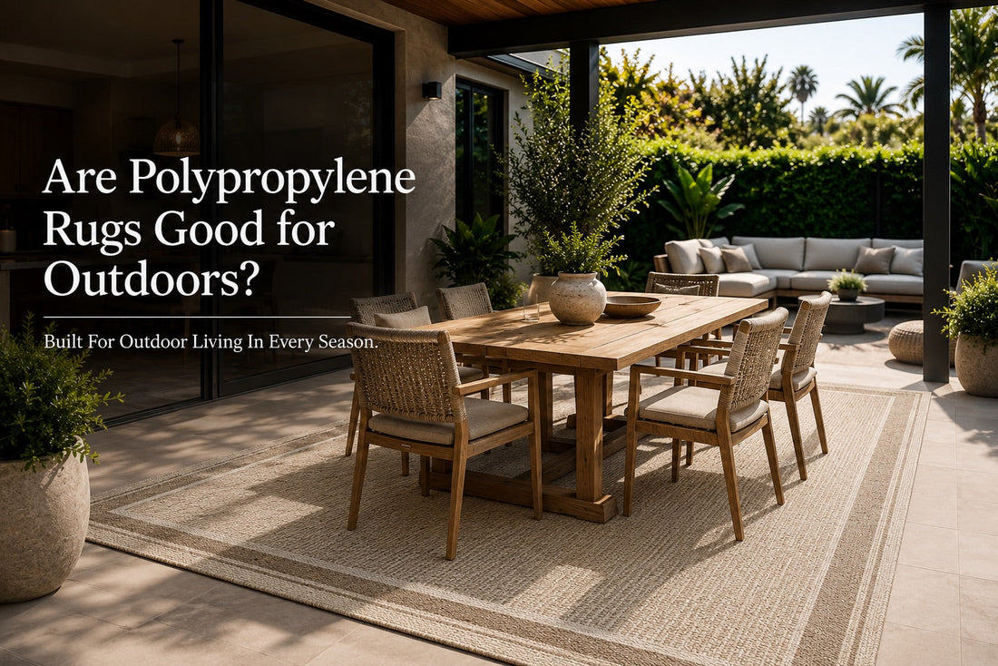 A UV Stabilised Polypropylene Indoor/Outdoor rug styled in a modern Perth home outdoor alfresco area.
