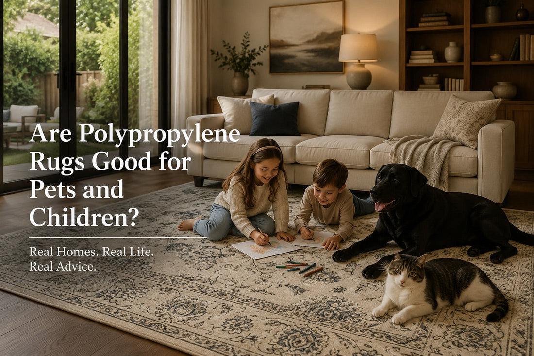 A image of a polypropylene machine made rug with children and pets using it.