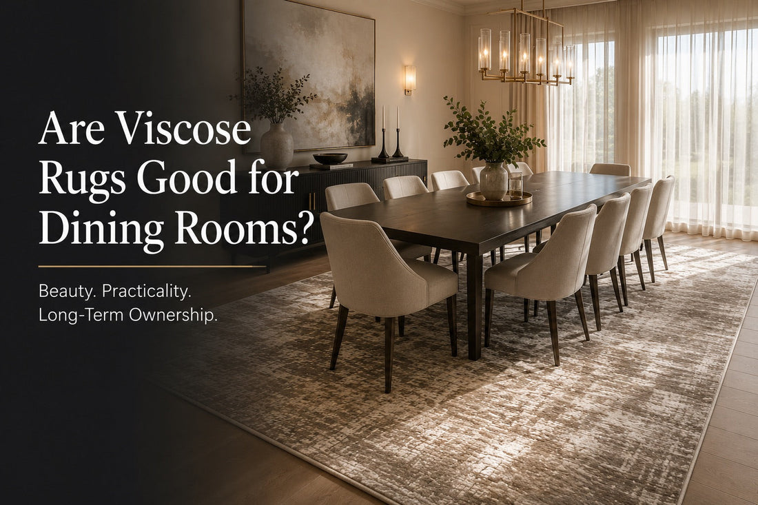 A hand woven Viscose Rug styled in a modern Perth home dining room.