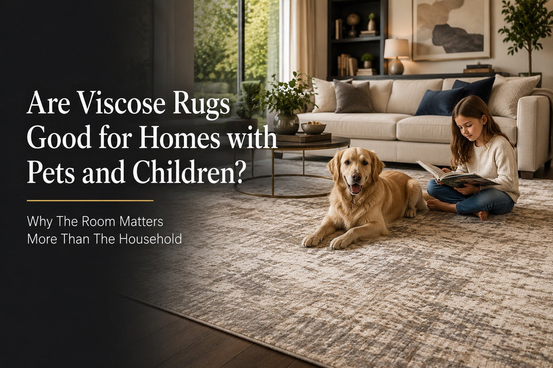 A viscose rug in a modern Perth home living room with pets and children on the rug.