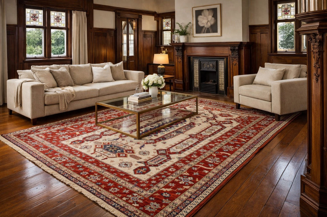 A Wool Hand Knotted Kazak Rug styled in a Heritage Perth Home Living room setting.