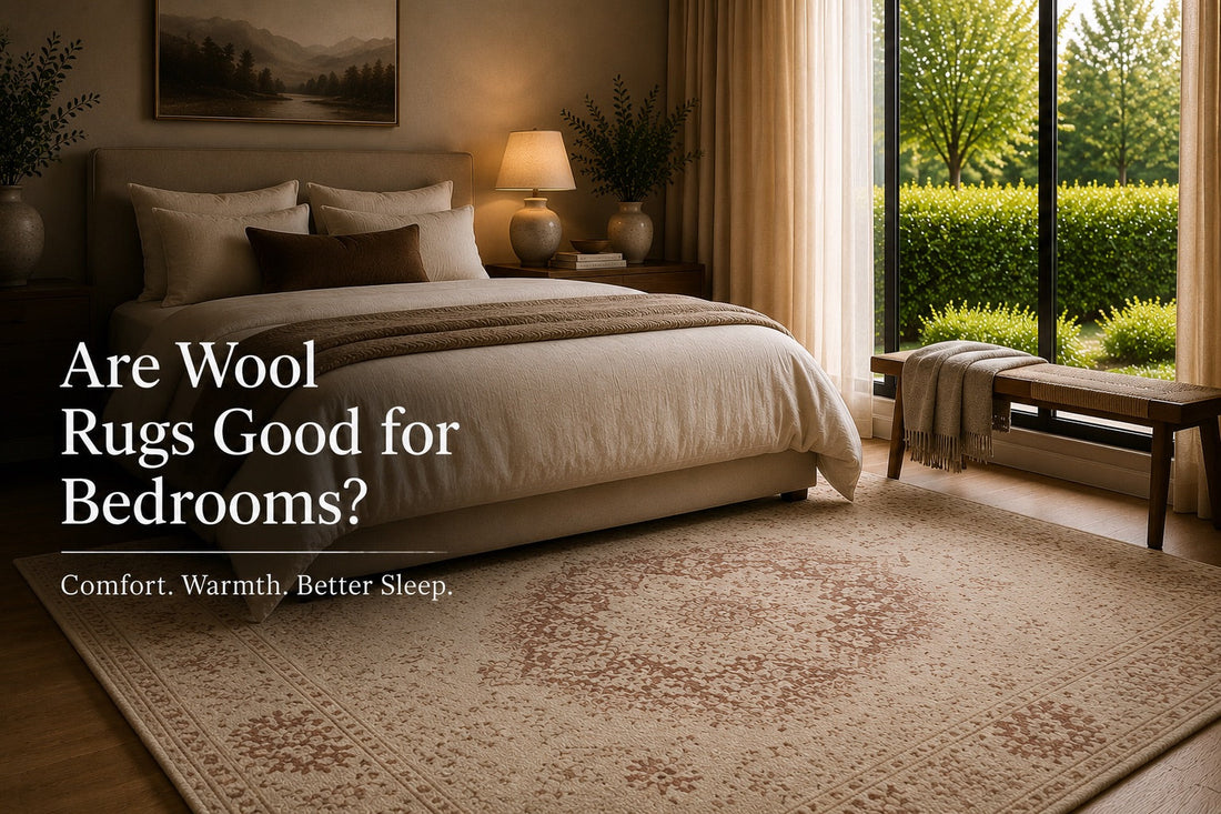 A traditional hand knotted wool rug styled in a modern Perth home bedroom setting.