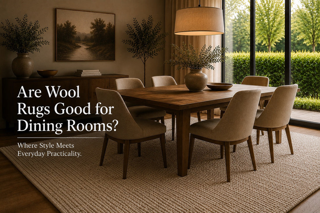 A hand woven wool rug styled in a modern Perth home dining room setting.