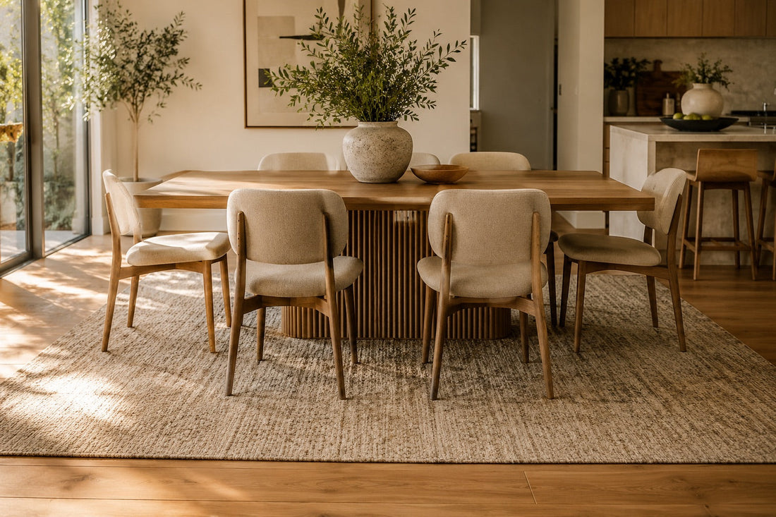 A Wool Hand woven rug styled in a modern Perth home dining room setting.