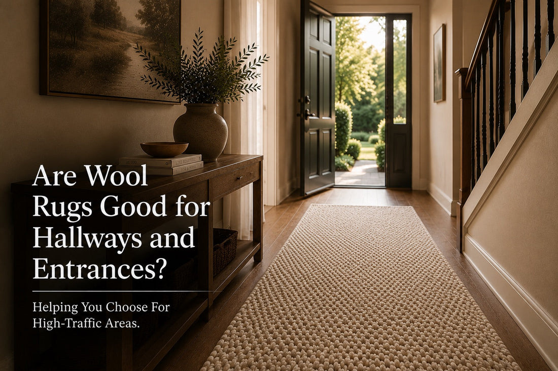 A hand woven Wool rug hallway runner styled in a modern Perth home hallway setting.