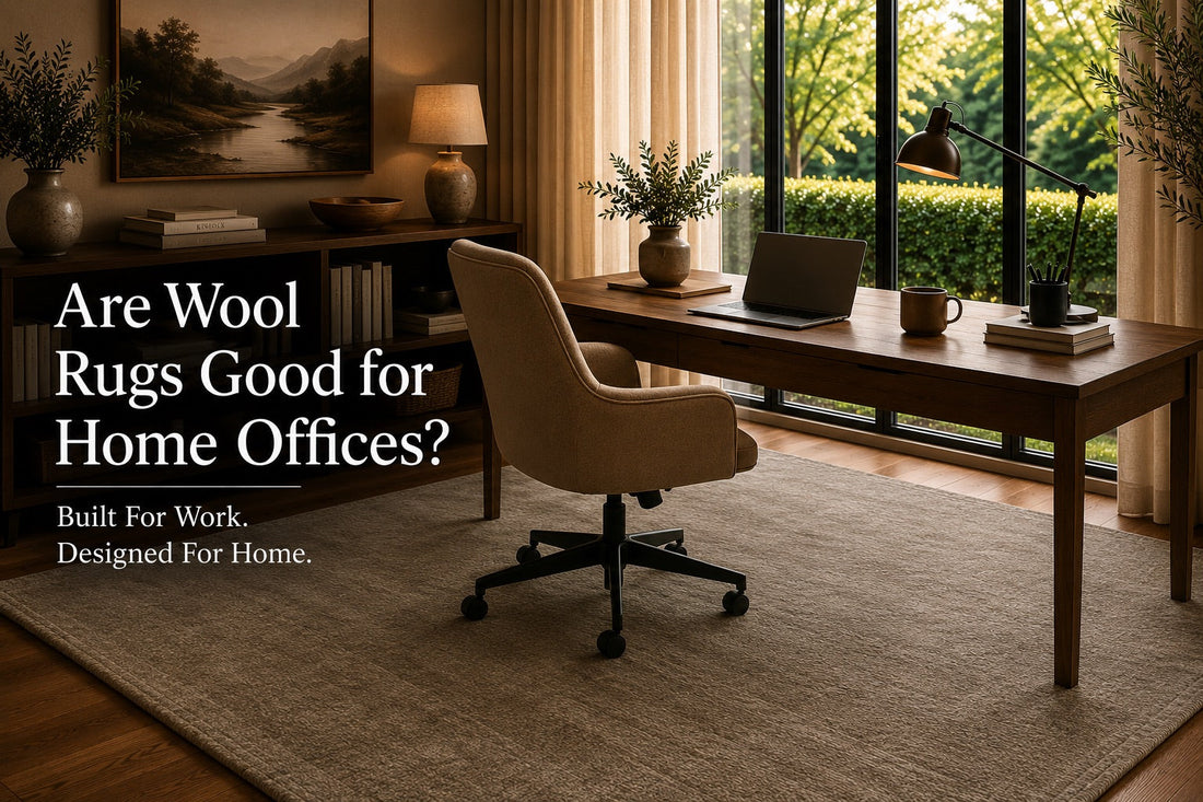 A hand woven low cut pile wool rug styled in a Perth home office setting.