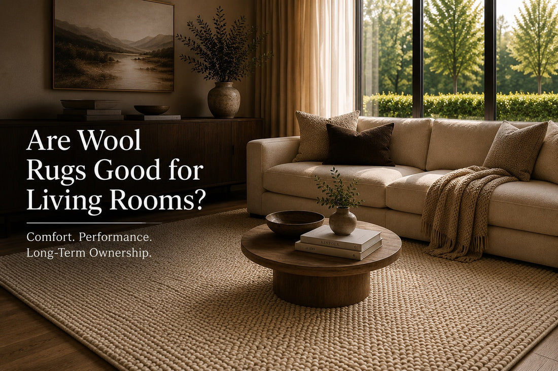 A hand woven wool Rug styled in a modern Perth home living room setting.