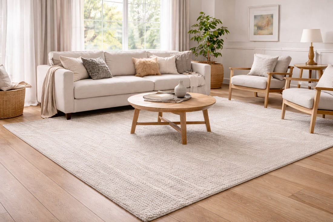 A Wool hand woven texture rug styled in a modern Australian home living room setting.