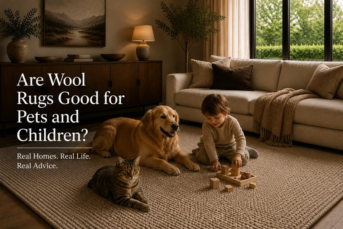 A dog and cat with a small child on a hand woven wool rug in a living room setting.