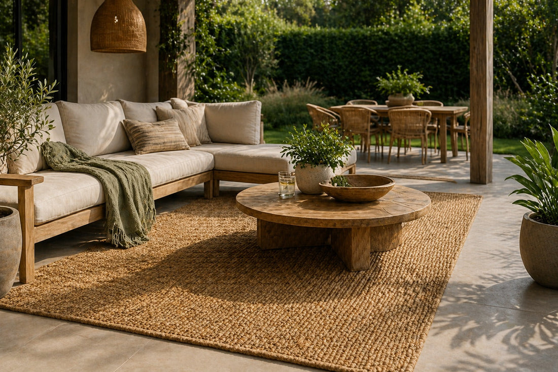 A hemp rug styled in an Perth outdoor alfresco covered area.