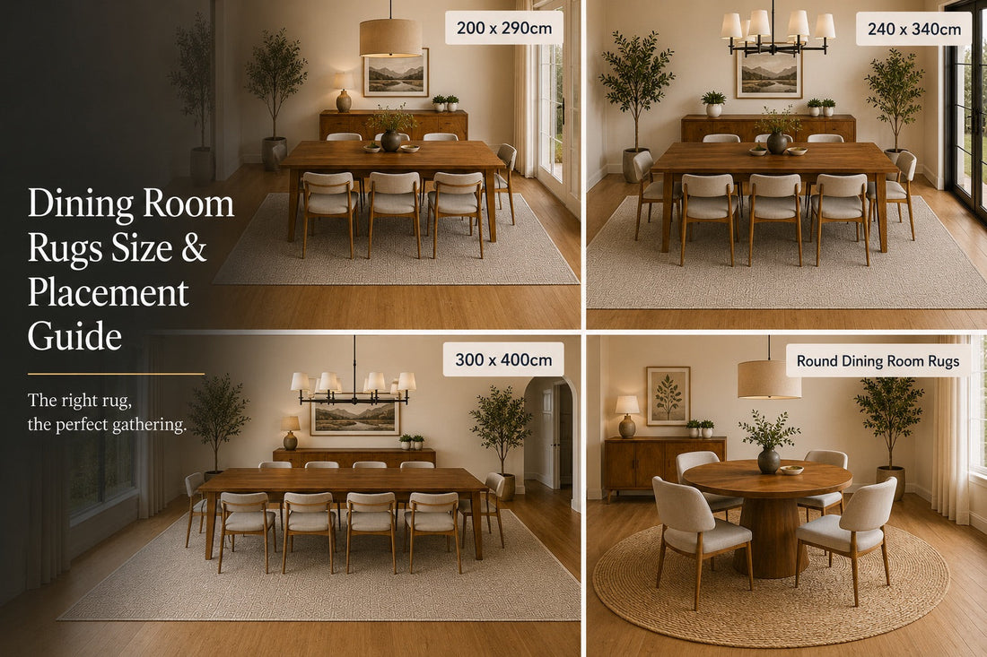 a 4 shot image of 4 different rug sizes styled for each dining room configuration.