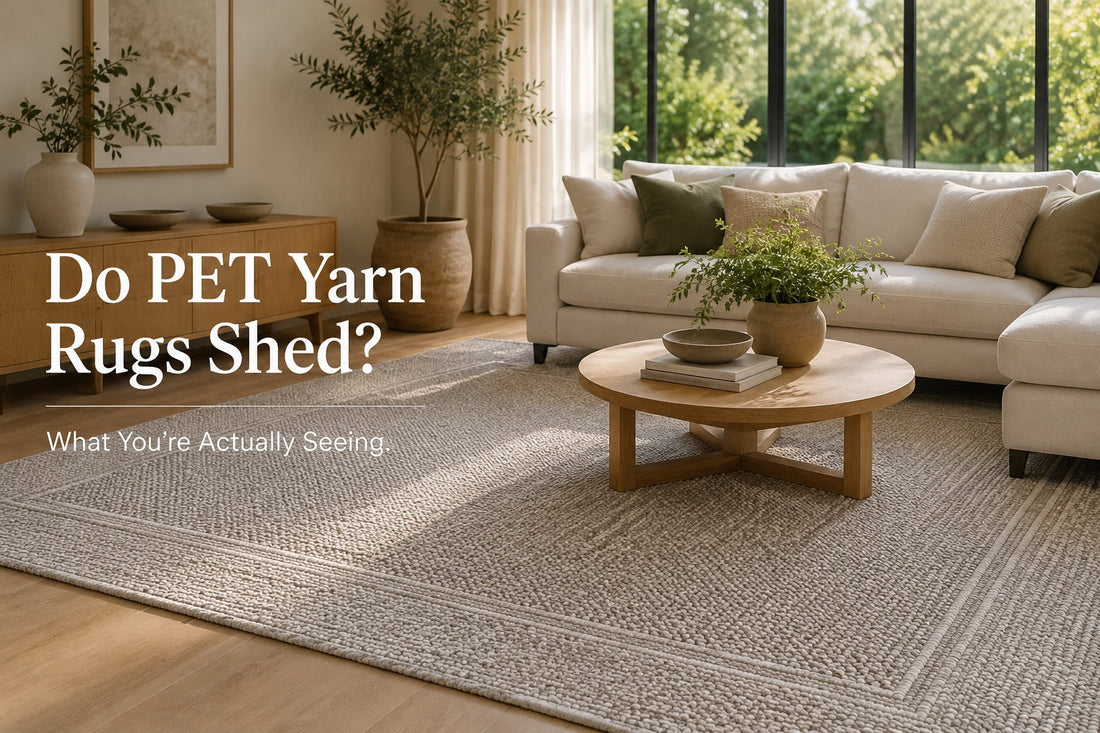 A PET Yarn hand woven textured rug styled in a Perth home living room setting.
