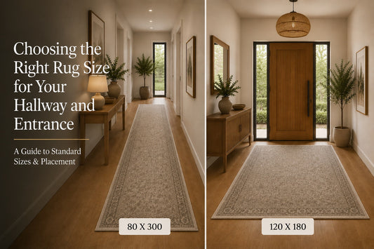 A split image of a hallway and a entrance area styled with a hallway runner an entrance way rug at the door.