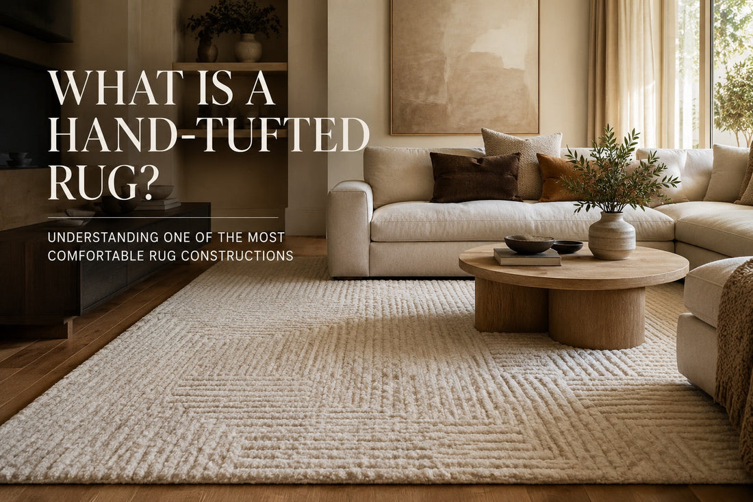 A Hand-Tufted wool rug styled in a modern Perth home living room setting.