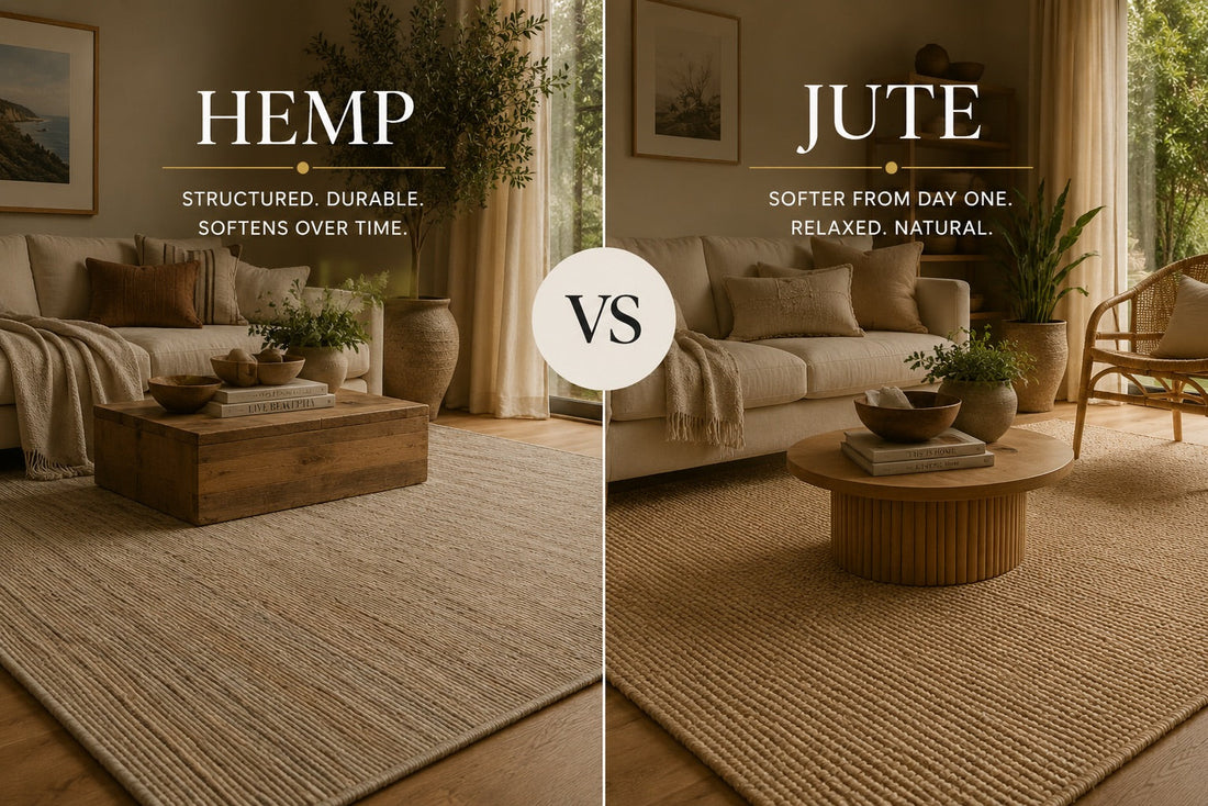 A comparison image of a hemp rug and a jute rug both styled in modern Perth home living room settings.