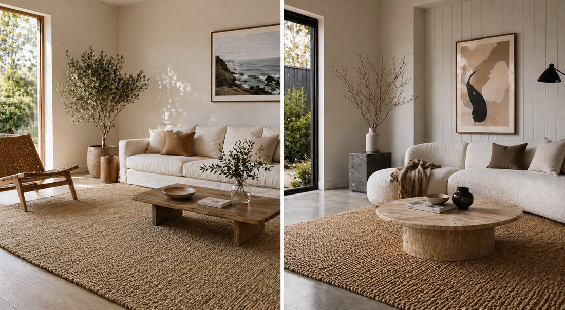A split screen image, on the left a Hemp rug styled in a modern Perth home living room and on the right a Jute rug styled in a modern Perth home living room. 