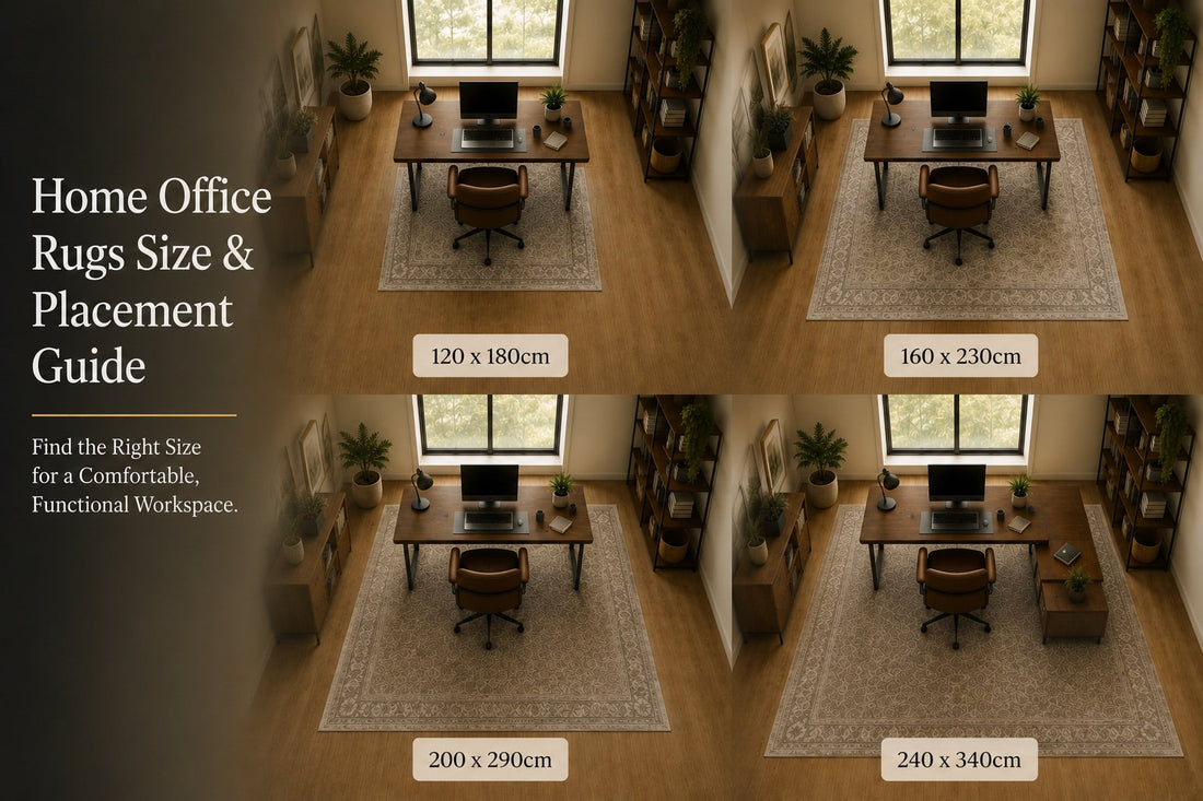 A 4 way image of home offices each styled accordingly to the size of desk and rug.