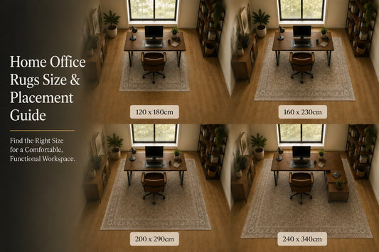 A 4 way image of home offices each styled accordingly to the size of desk and rug.